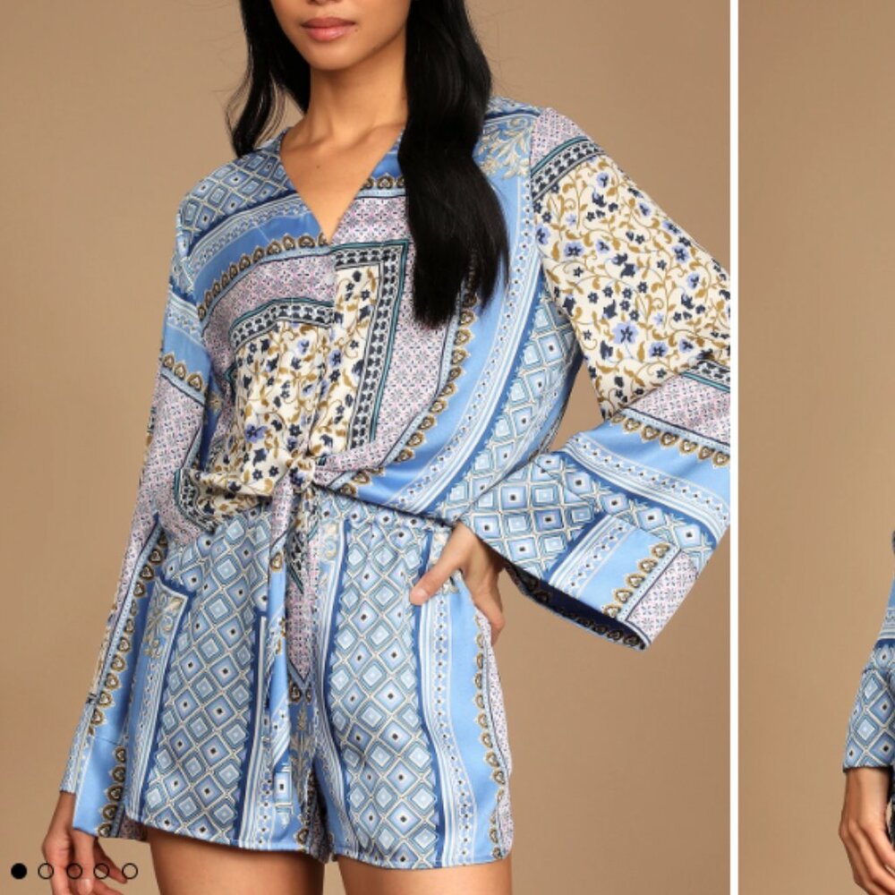 Lulus Moments in Mykonos Blue Scarf Print Shorts and Tie-Front Long Sleeve Top